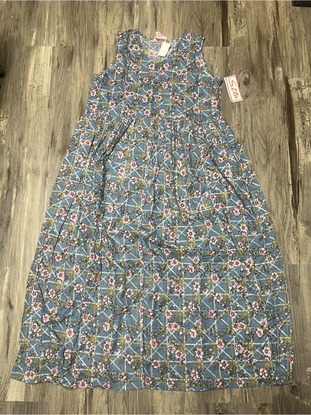 VTG Sita Maxi Dress Large NWT New Old Stock 100% Cotton Floral Grid